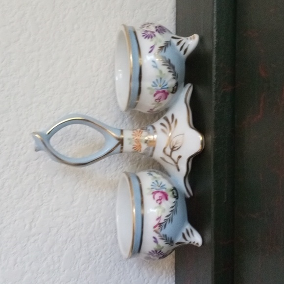 Vintage Limoges China Double Open Salt Server w Handle Blue w Flowers Porcelain - Picture 13 of 13